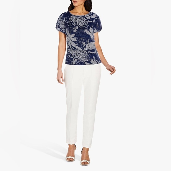 Adrianna Papell Midnight Blue Sequined Floral Peplum Blouse Size 10 - Picture 1 of 10